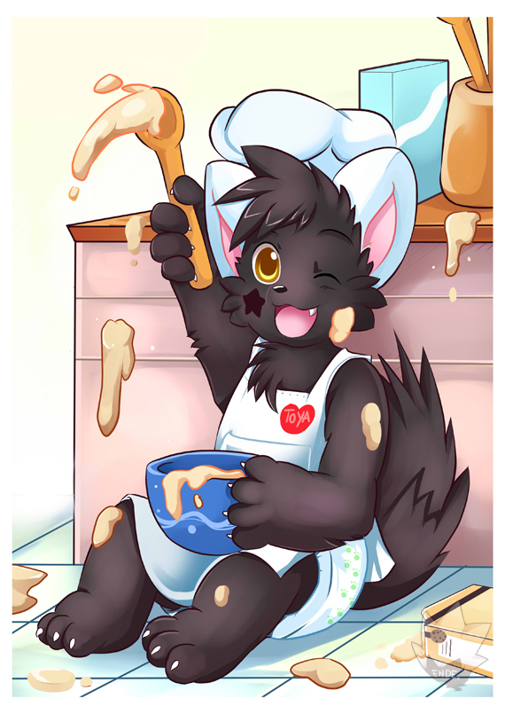 &hearts; apron canine cub cute diaper infantilism male mess spoon star tail toya_pup wink wolf yellow_eyes