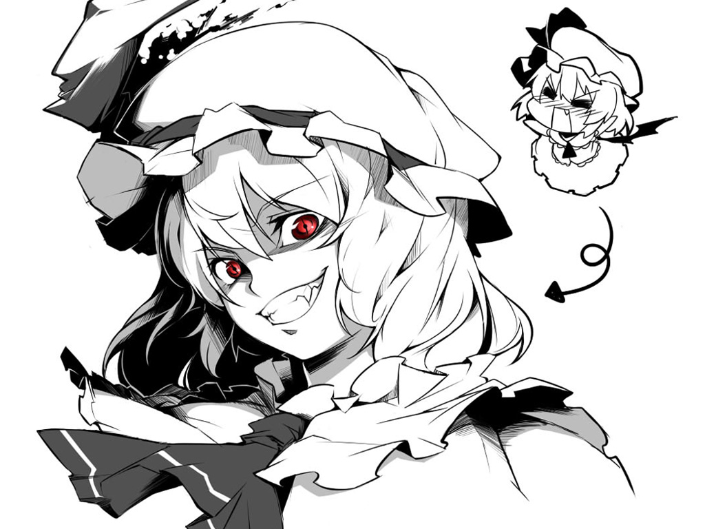 =_= blush chibi directional_arrow dual_persona face fang greyscale grin hat kokka_han monochrome open_mouth portrait red_eyes remilia_scarlet short_hair smile spot_color symbol-shaped_pupils teeth touhou wings