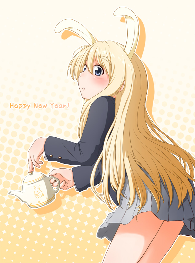 animal_ears blonde_hair blue_eyes bunny_ears k-on! kotobuki_tsumugi long_hair ryuunosuke_(luckyneco) school_uniform solo teapot