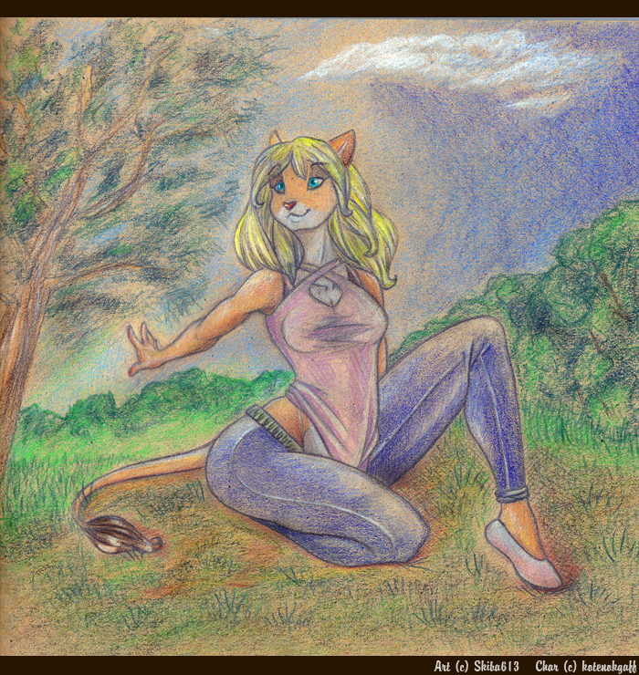 blonde_hair blue_eyes clothed feline female hair lion long_blonde_hair long_hair nastywolf613 outside sitting solo tail tail_tuft