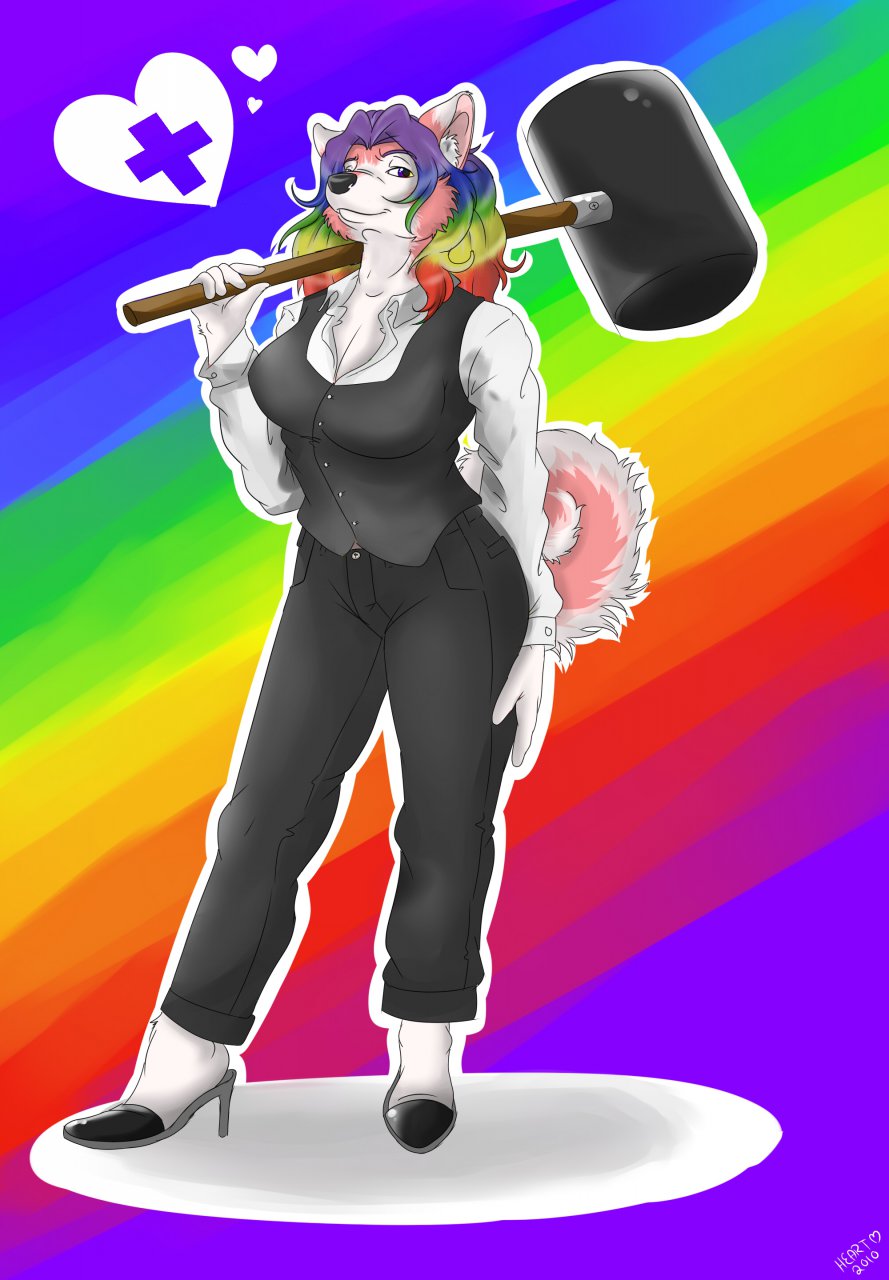 &hearts; &lt;3 black_nose canine clothed clothing dog female fur hair hammer heartz heartz_(character) high_heels husky long_hair looking_at_viewer mammal multi-colored_hair pink pink_fur purple_eyes rainbow rainbow_hair solo standing white white_fur wolf