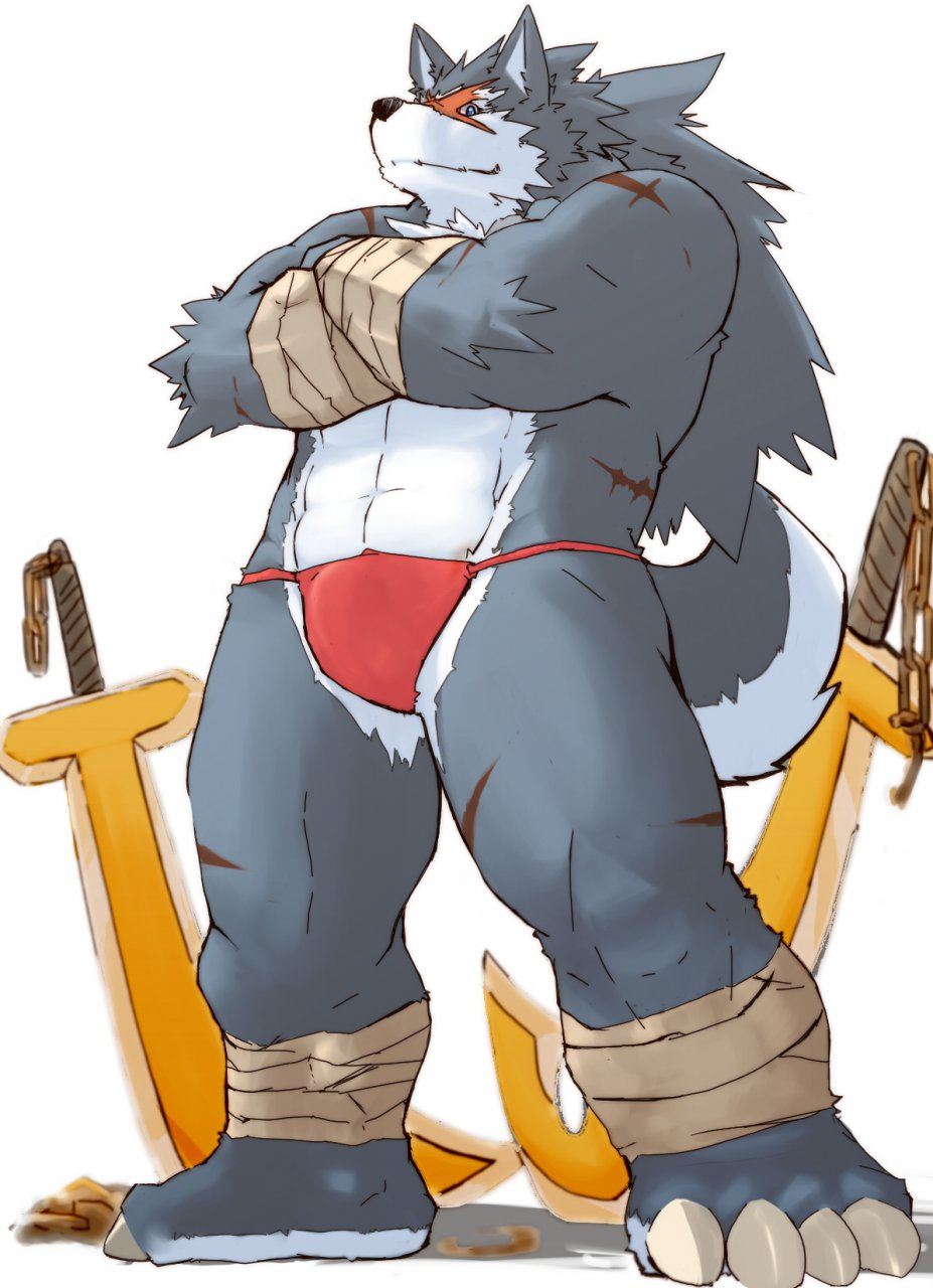 abs anthro biceps big_muscles blue_eyes canine crossed_arms fur looking_at_viewer male mammal mizu001 muscles pecs plain_background pose rouen scar shining_(series) shining_tears shining_wind solo sword underwear video_games weapon wolf