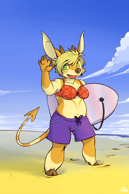 beach boogie_board breasts chubby clothing eve female green_eyes hooves overweight patto seaside shorts sky solo suit