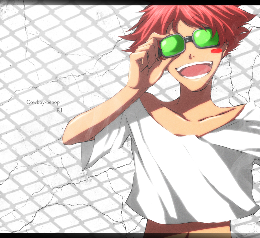 bad_id bad_pixiv_id banned_artist blush_stickers collarbone cowboy_bebop edward_wong_hau_pepelu_tivrusky_iv goggles letterboxed open_mouth red_hair s_tanly short_hair smile solo