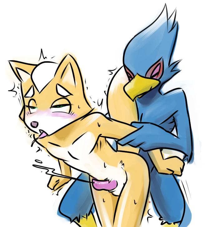 abs avian balls bird blush canine colored couple cum cumshot erection eyes_closed falco_lombardi falcon fox fox_mccloud from_behind gay green_eyes hands-free male minus8 nude open_mouth orgasm penis raised_tail sex standing star_fox tail tongue video_games white_background