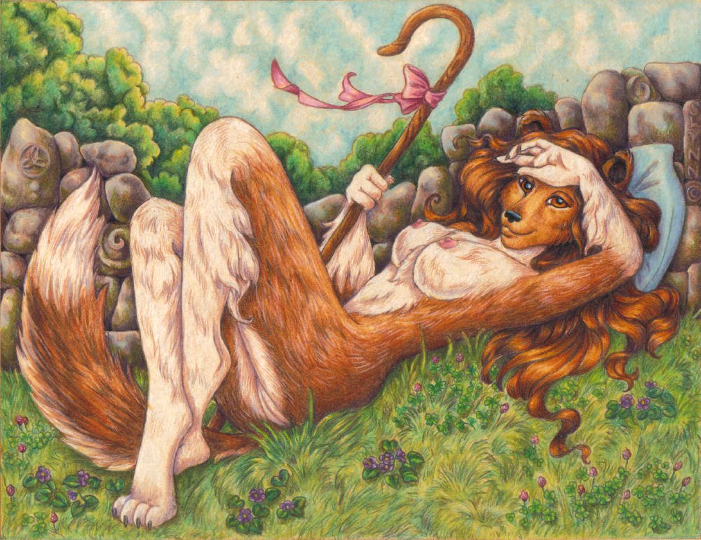 barefoot border_collie breasts brown_eyes brown_hair canine crook dog female flowers grass hair hindpaw nude on_back pillow plantigrade pussy ribbons solo stephanie_lynn
