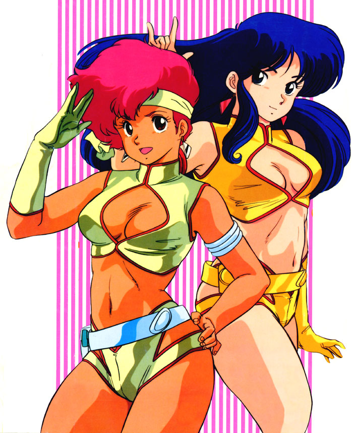 80s artist_request blue_hair breasts cleavage dark_skin dirty_pair gloves headband kei_(dirty_pair) large_breasts long_hair multiple_girls navel official_art oldschool red_hair short_hair tan yuri_(dirty_pair)