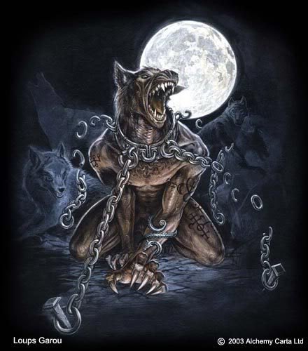 breaking broken canine chain chains collar fangs feral howl male mammal moon nipples nude solo stakes tattoo teeth unknown_artist were werewolf wolf