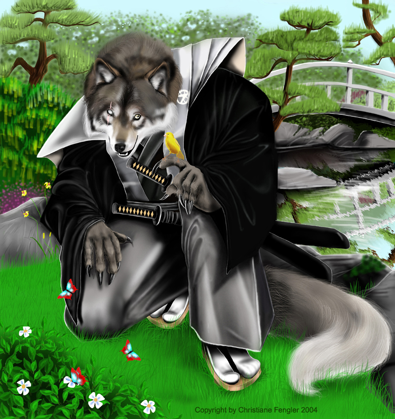 2004 background bridge canary canine christiane_fengler flowers male samurai sandals solo sword tail weapon wolf