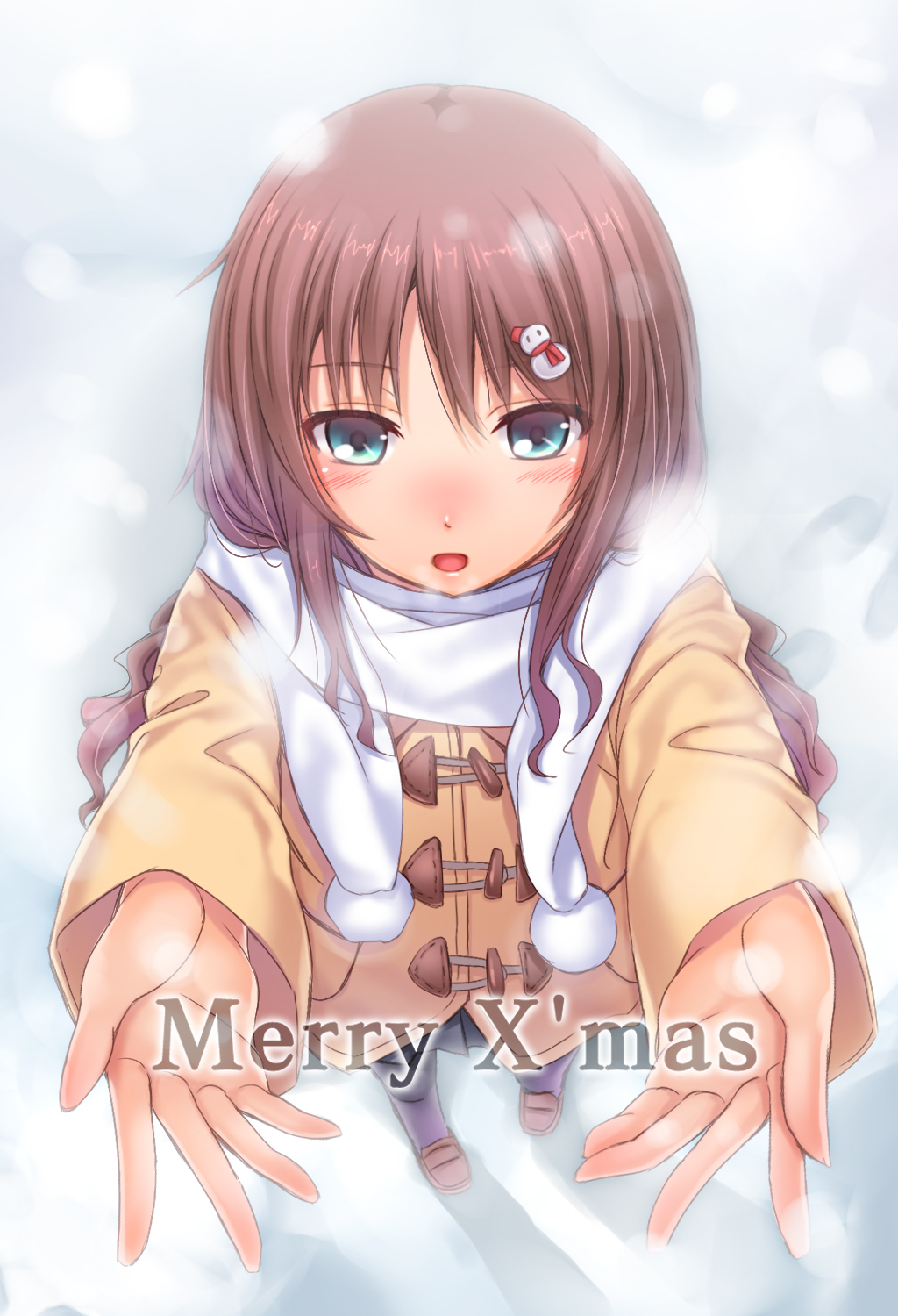 aqua_eyes blush brown_hair chobipero christmas coat hair_ornament hairclip highres loafers long_hair merry_christmas open_mouth original outstretched_arms outstretched_hand scarf shoes snow snowman_hair_ornament solo white_scarf winter_clothes