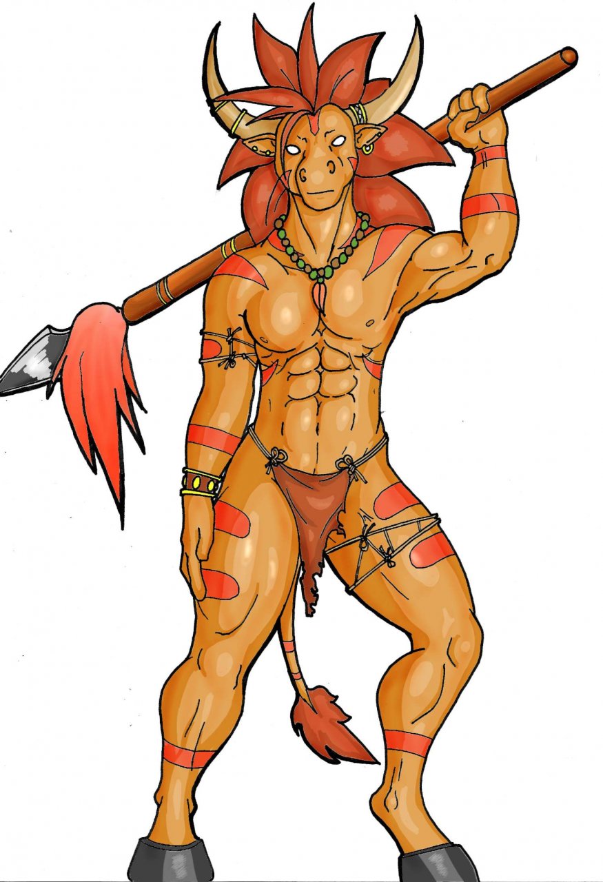 bovine bull cattle hooves horn horns loincloth male mammal minotaur mythology plain_background polearm solo spear underwear white_background white_eyes