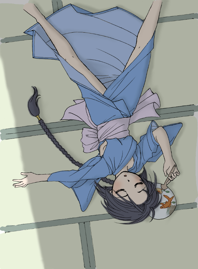 blush bokake braid closed_eyes fan flat_chest from_above japanese_clothes kimono legs long_hair makimachi_misao rurouni_kenshin sleeping solo very_long_hair