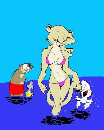 beach ben_bruin bikini cleavage cougar excited feline half-closed_eyes lily_feldspar purple ralph_e._hayes_jr. seaside skimpy velvet_(under_the_lemon_tree) water zoot