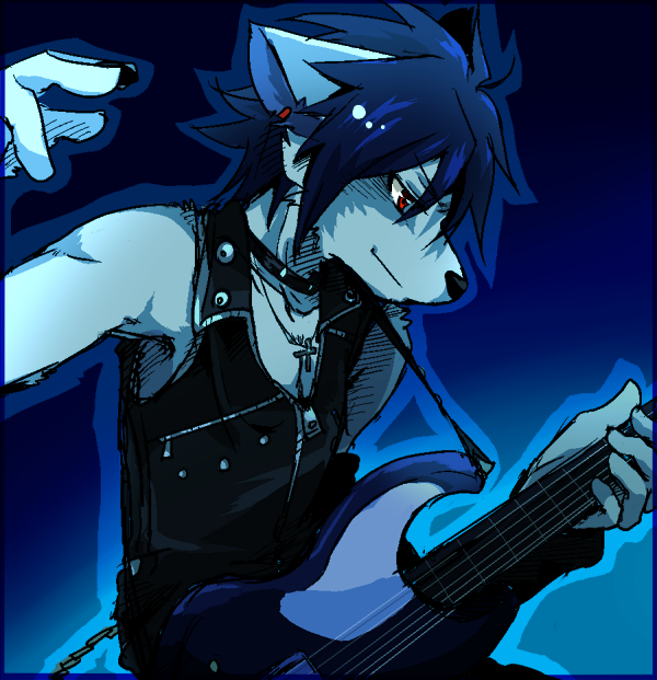 blue blue_background blue_fur blue_hair blue_theme canine clothing dog ear_piercing earring fur ginziro guitar hair husky male mammal pick piercing plain_background playing red_eyes shirt solo standing