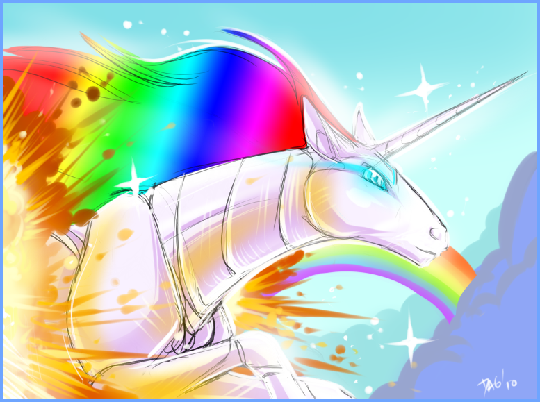 adult-swim blue_eyes equine explosion feral glowing_eyes hair horns rainbow robot robot_unicorn_attack sparkles unicorn