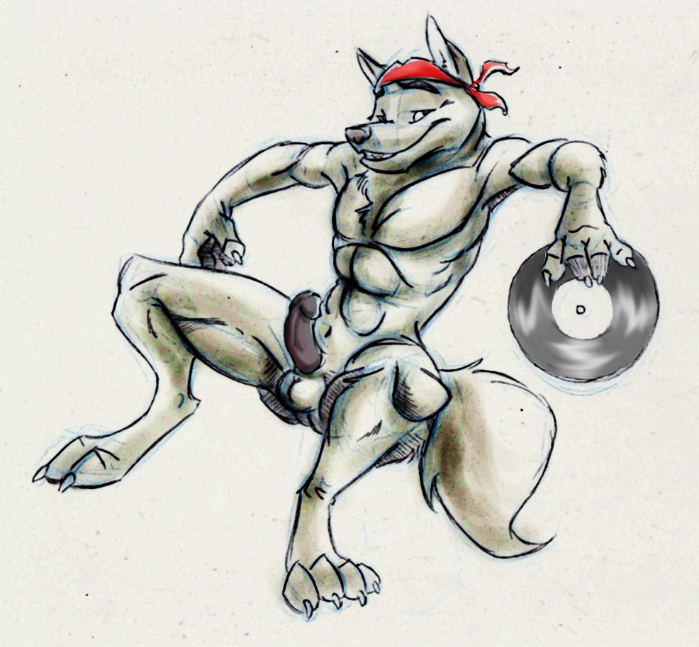 2009 abs balls bandanna black_penis blank_background bushy_tail canine chest_tuft claws colored dj dragondrawer erection humanoid_penis looking_at_viewer lupine_assassin male muscles nude penis record sitting smile solo spread_legs spreading tail wolf