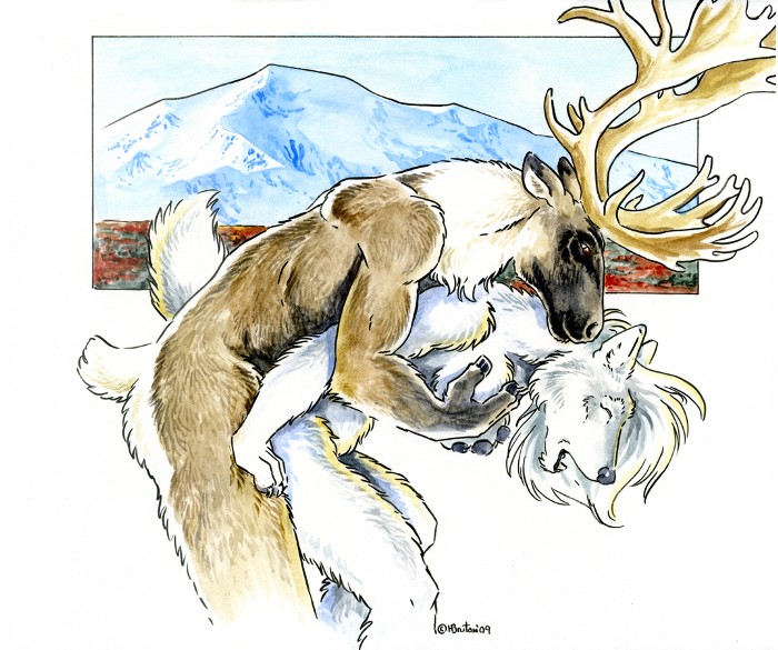 2009 antlers bent_over breasts canine caribou eyes_closed female from_behind grope heather_bruton horns male nude predator_prey_reversal sex straight wolf