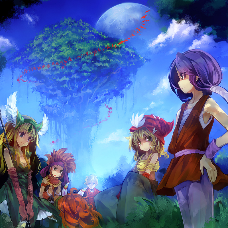 1other 4boys bird blonde_hair blue_eyes cloud crane_(animal) crossover elbow_gloves feathers giant_tree gloves hands_on_hips hat hawkeye helmet hero_(sd1) legend_of_mana long_hair mana_tree moon multiple_boys multiple_girls pantyhose popoi purple_hair randi red_hair riesz scenery seiken_densetsu seiken_densetsu_1 seiken_densetsu_2 seiken_densetsu_3 sky toto_(lom) tree ukyo_rst winged_helmet