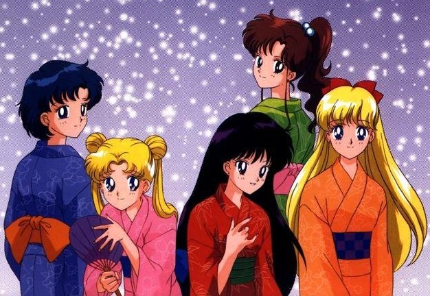 5girls aino_minako bishoujo_senshi_sailor_moon blonde_hair blue_hair blush brown_hair fan female flat_chest happy hino_rei japanese_clothes kimono kino_makoto long_hair looking_back lowres mizuno_ami multiple_girls official_art sash short_hair smile snow tsukino_usagi