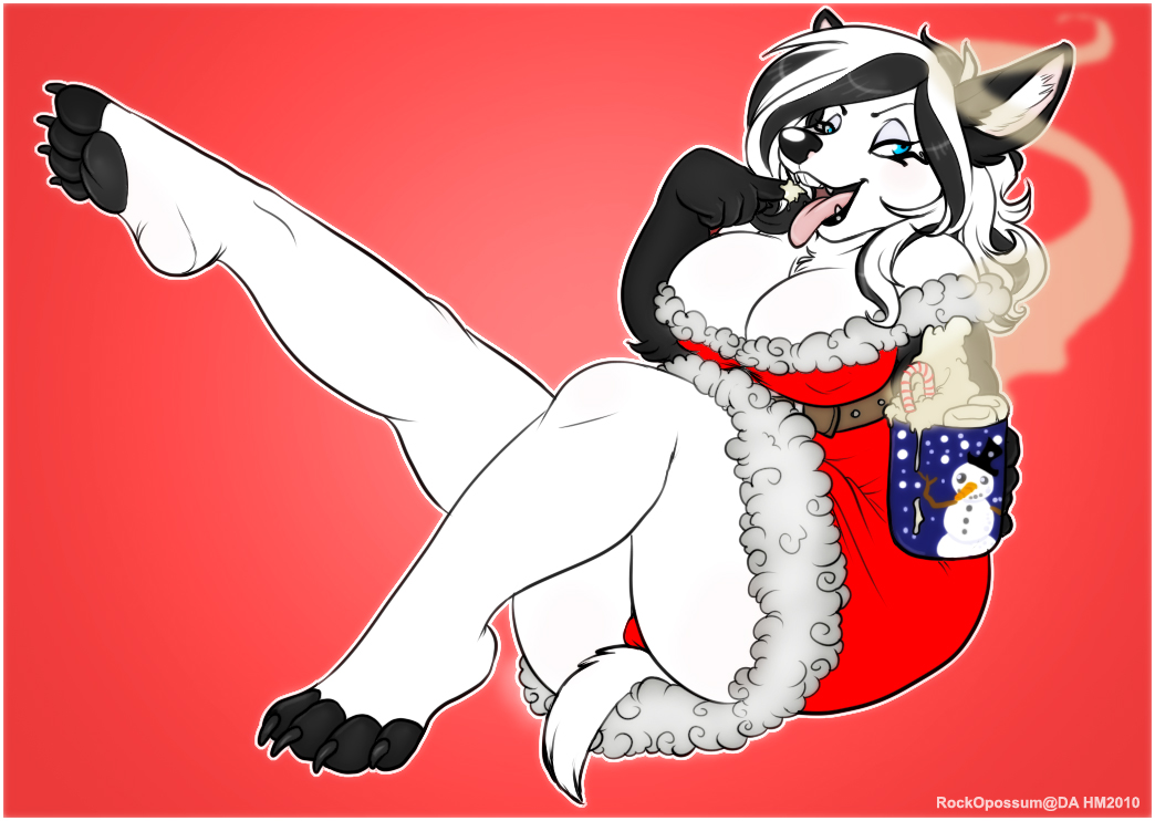 anubian_jackal big_breasts black_and_white black_and_white_hair black_fur black_hair blue_eyes breasts candy_cane canine christmas cleavage clothed clothing cup dripdry female fur hair holidays holly_massey hot_chocolate jackal mammal milf monochrome mother mug parent plain_background red_background solo steam white_fur white_hair xmas