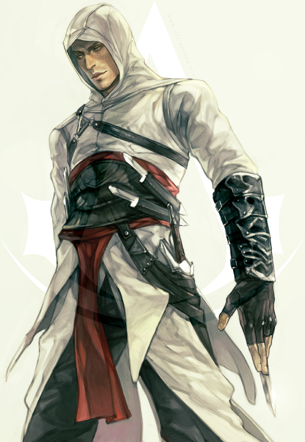 altair_ibn_la-ahad assassin's_creed assassin's_creed_(series) brown_hair cape grin hidden_blade hood knife male_focus rae smile solo sword vambraces weapon