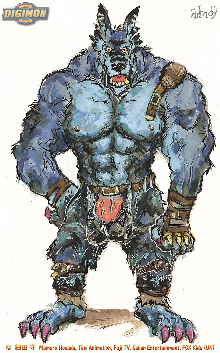 2009 abs aokmaidu balls barazoku belt big_balls blue bulge canine claws digimon exposed fangs hyper leather looking_at_viewer male muscles open_mouth open_pants pants penis rule_34 semi_nude solo standing torn_clothing unzipped weregarurumon werewolf wolf yellow_eyes