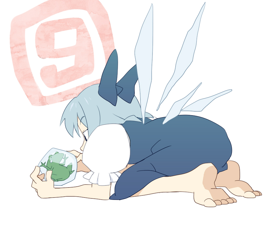 1girl bad_feet bad_id bad_pixiv_id barefoot cirno frog from_behind ice maronii solo touhou