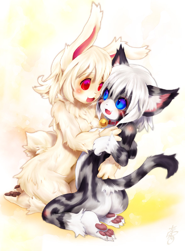 ??? blue_eyes blush breasts cat collar duo fang fangs feline female hair karin lagomorph lesbian mammal open_mouth plain_background rabbit raised_tail red_eyes tail tetetor-oort white_background white_hair