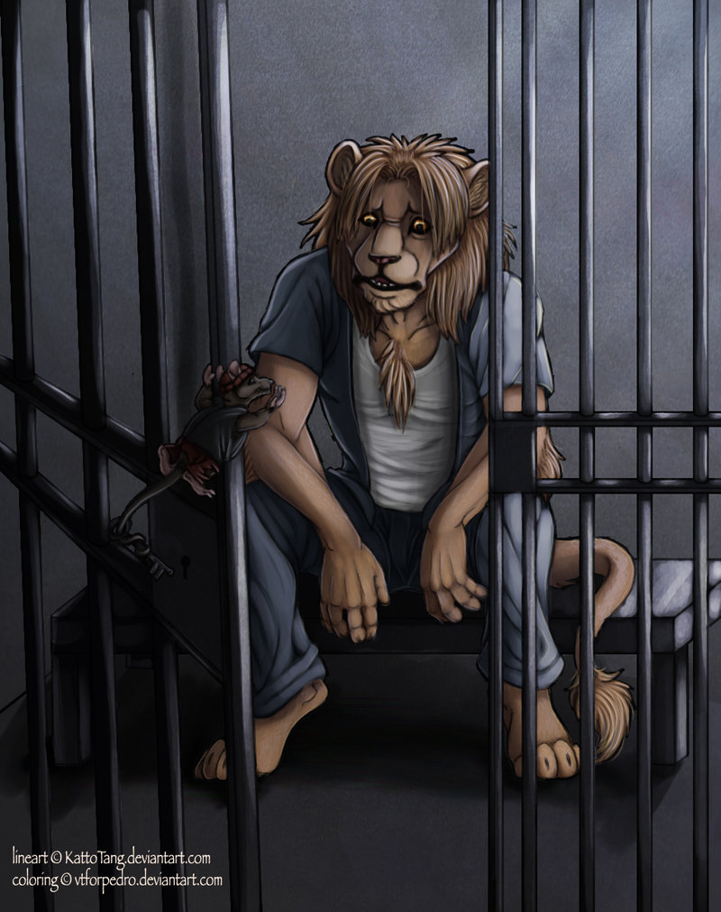 brown brown_hair cage chest_tuft clothed clothing collaboration door feline fur hair hat inside kattotang key lion male mammal mane mouse prison rodent sitting solo tail tail_tuft torn_clothing tuft vtforpedro