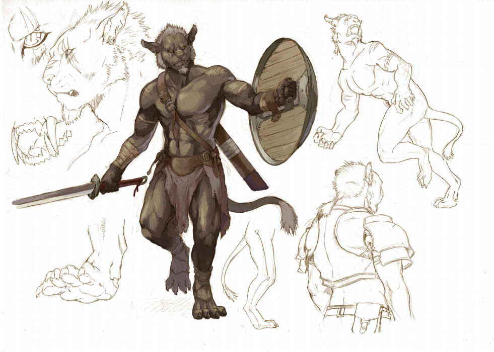 afd-yred armor feline male muscles nude scar shield sword warrior weapon