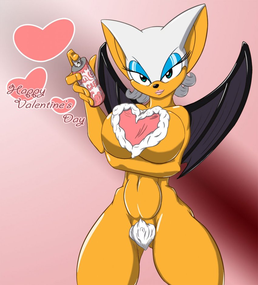 abs bat big_breasts breasts can female looking_at_viewer nude rouge_the_bat smile solo sonic_(series) valentines_day whipped_cream wings