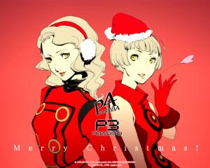 artbook bare_shoulders blonde_hair christmas duplicate elizabeth_(persona) english gloves hat heart lowres margaret_(persona) multiple_girls persona persona_3 persona_4 santa_hat scan simple_background sleeveless soejima_shigenori watermark yellow_eyes