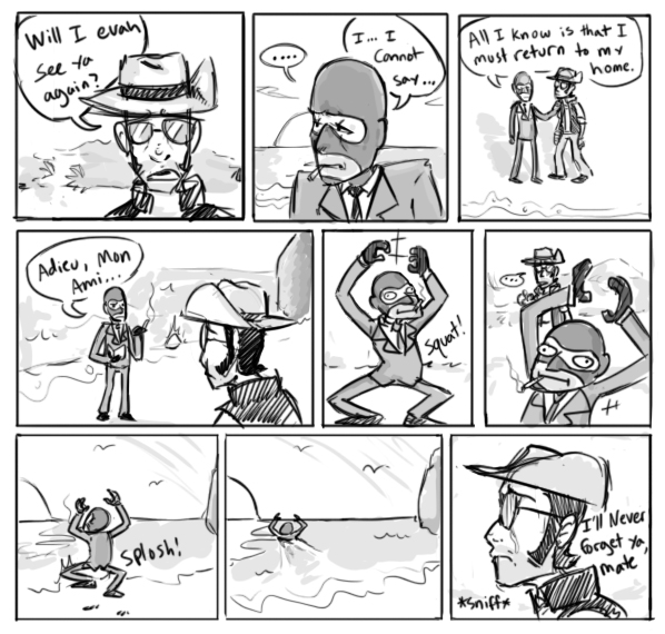 comic dialog dialogue english_text greyscale humor humour monochrome ocean save_the_endangered_spycrab sea seaside sniper_(team_fortress_2) spy_(team_fortress_2) spycrab sunset team_fortress_2 text unknown_artist water