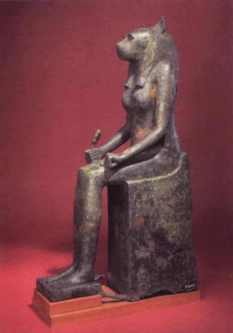 ancient_furry_art bastet breasts cat deity feline female hair lion nude photo real sitting solo statue