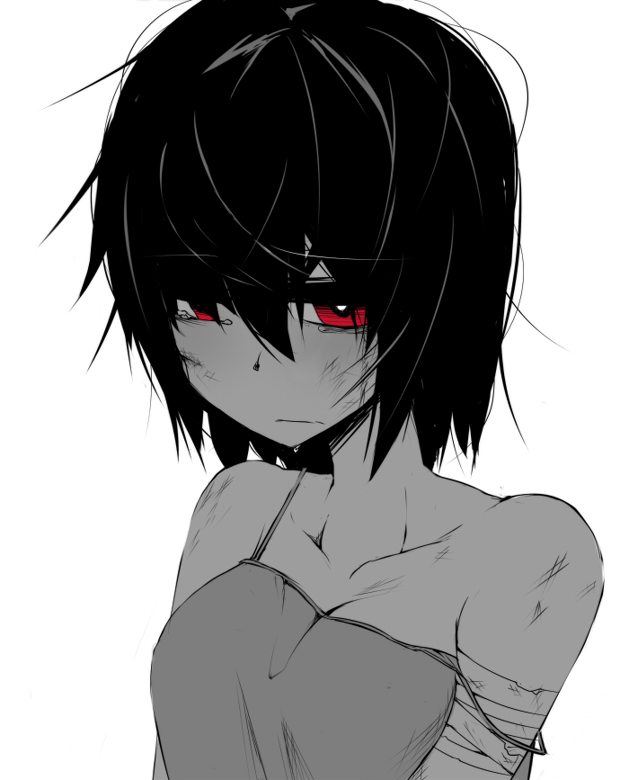 bad_id bad_pixiv_id bandages black_hair bruise camisole collarbone copyright_request face greyscale injury konohana_saku monochrome red_eyes short_hair solo spot_color tears