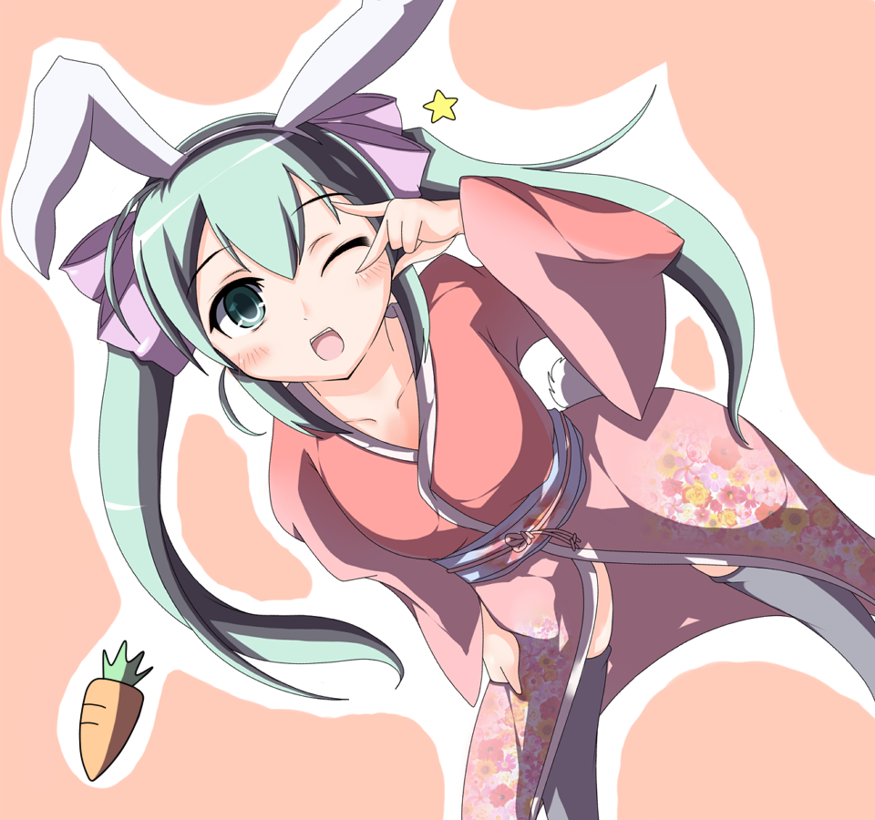 animal_ears aqua_eyes aqua_hair blush bunny_ears bunny_tail carrot guunome hatsune_miku japanese_clothes long_hair one_eye_closed open_mouth simple_background solo star tail thighhighs twintails vocaloid