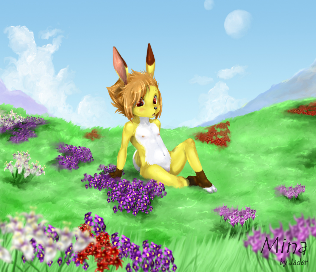 cub female field flat_chest flat_chested flower flowers grass jader lagomorph mammal mina nipples rabbit red_eyes scenic small_breasts young