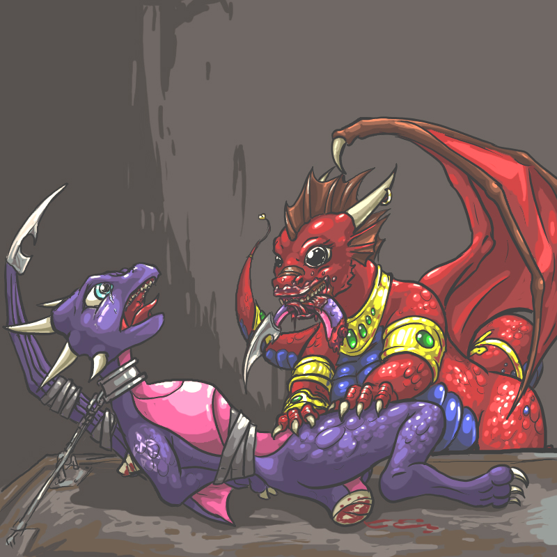 bandage bdsm blood blue_eyes bondage bound bracelet cynder dismemberment dragon flare flare_(std) gore guro jewelry meat necklace open_mouth piercing spyro_the_dragon tears unknown_artist video_games vore wings