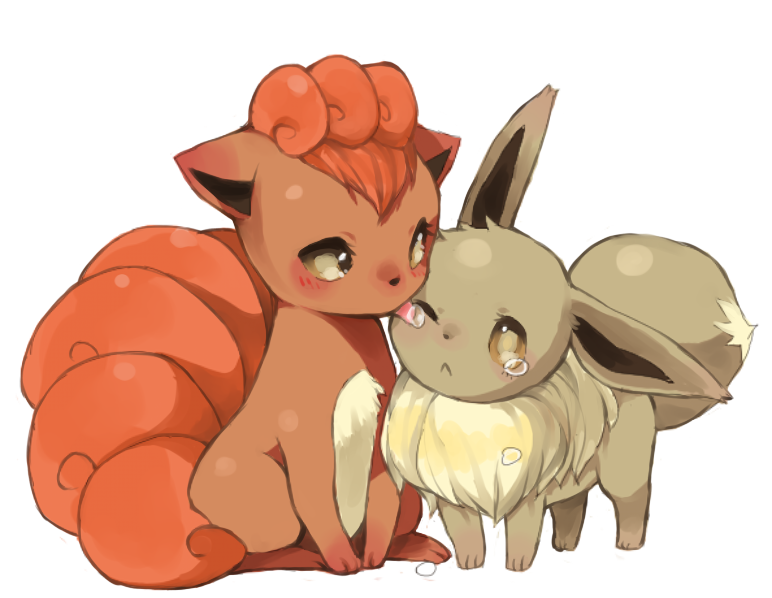 blush canine couple crying cute duo eevee feral fox kitsune licking mammal multiple_tails nintendo plain_background pok&#233;mon pok&eacute;mon pudding0728 pudding0728_(artist) tail tears tongue video_games vulpix white_background