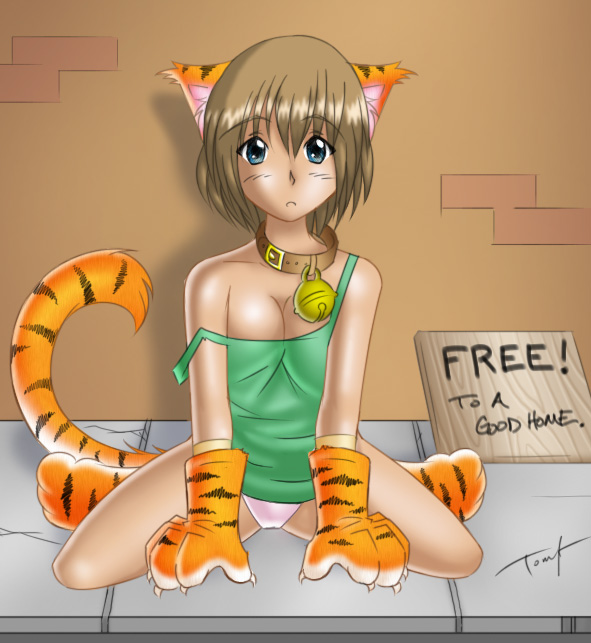 bell blue_eyes brown_hair camel_toe cat cat_ears collar costume feline female hair human kemonomimi mammal nekomimi panties paw_gloves short_hair sidewalk solo tail tiger tom_fischbach underwear