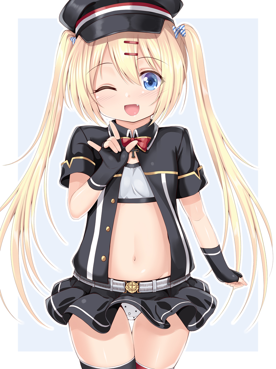 1girl ;d azur_lane bangs black_gloves black_hat black_jacket black_skirt blonde_hair blue_background blue_eyes blush bow breasts collared_jacket commentary_request diagonal_stripes eyebrows_visible_through_hair fang fingerless_gloves gloves hair_between_eyes hair_bow hair_ornament hairclip hat highres jacket long_hair miniskirt navel one_eye_closed open_clothes open_jacket open_mouth panties peaked_cap pleated_skirt print_panties red_bow skirt small_breasts smile solo star star_panties star_print striped striped_bow thighhighs twintails two-tone_background u2_(5798239) underwear very_long_hair white_background white_bow white_panties z18_(azur_lane)