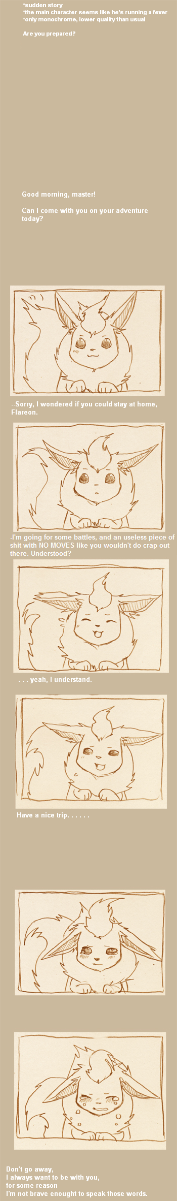 comic crying eeveelution english_text flareon looking_at_viewer monochrome nintendo pok&#233;mon pok&eacute;mon sad solo text unknown_artist video_games
