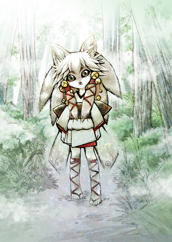 ambiguous_gender bells canine cub forest fox hisoka japanese_clothing kimono obi paws red_ribbons shrubs solo tree trees walking