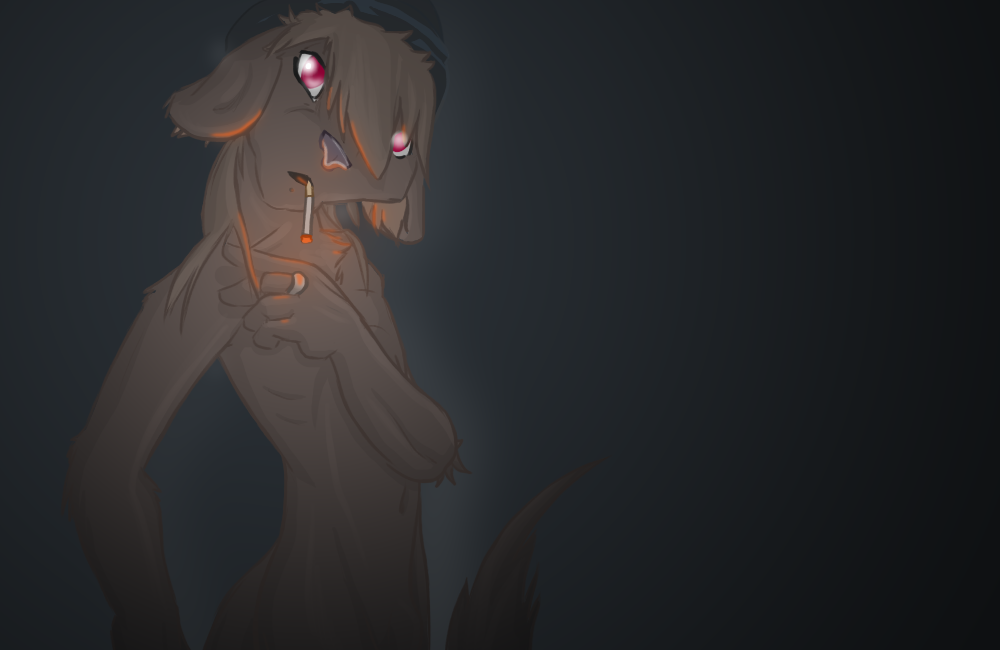 anorexic background_gradient brown brown_hair canine cigarette darkness hair hat jjiinx light long_brown_hair long_hair male nude pink_eyes ring smoking solo standing tail