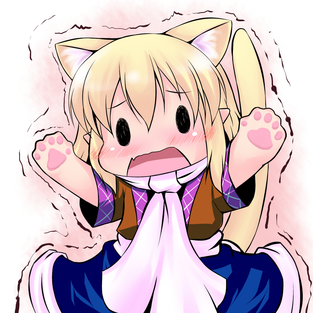 animal_ears blonde_hair blush cat_ears cat_paws cat_tail chibi extra_ears fang fourth_wall hoshizuki_(seigetsu) kemonomimi_mode mizuhashi_parsee open_mouth paws pointy_ears puru-see scarf short_hair solo tail touhou trembling