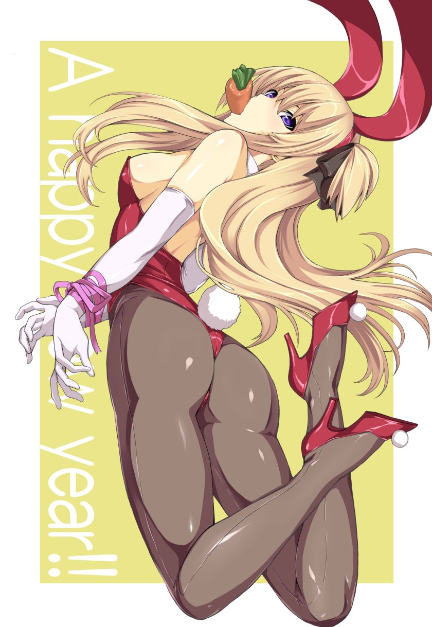2011 animal_ears arched_back ass bdsm blonde_hair blue_eyes bondage bound bound_wrists bunny_ears bunny_tail bunnysuit carrot elbow_gloves gloves hakaba_(dairiseki) high_heels highres long_hair mouth_hold one-piece_thong panties pantyhose quiz_magic_academy ribbon ribbon_bondage shalon shoes solo tail underwear