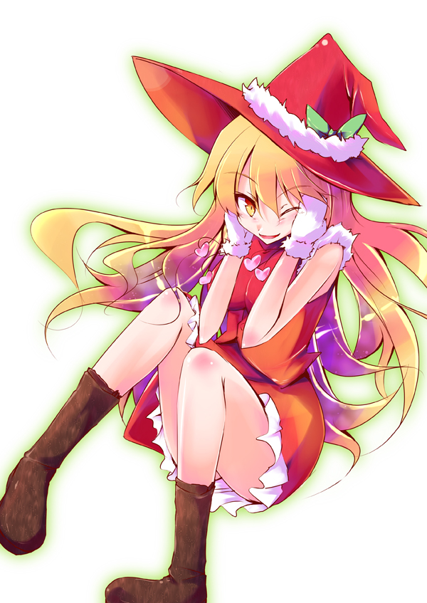 amano_chiharu blonde_hair boots christmas hands_on_own_cheeks hands_on_own_face hat kirisame_marisa long_hair mittens one_eye_closed santa_costume smile solo touhou witch_hat yellow_eyes