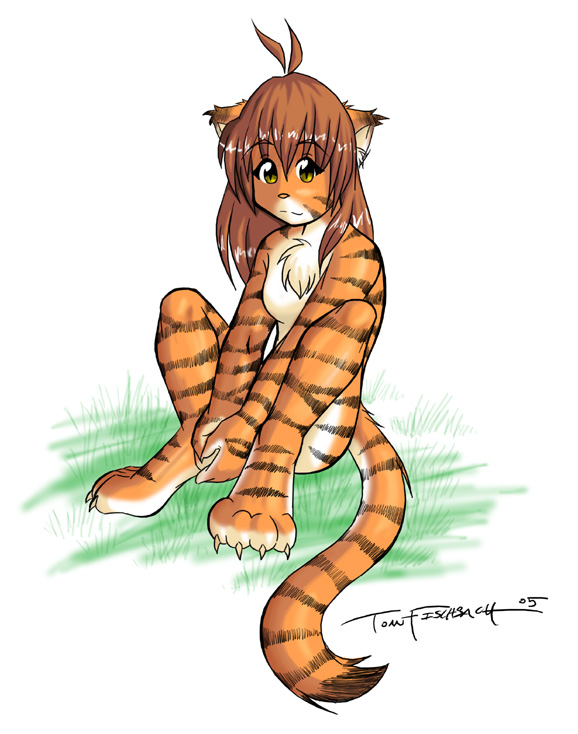 2005 black breasts brown_hair chest_tuft claws feline female flora_(twokinds) grass hair keidran long_brown_hair long_hair looking_at_viewer nude orange sitting small_breasts smile solo stripes tail tiger tom_fischbach twokinds white yellow_eyes