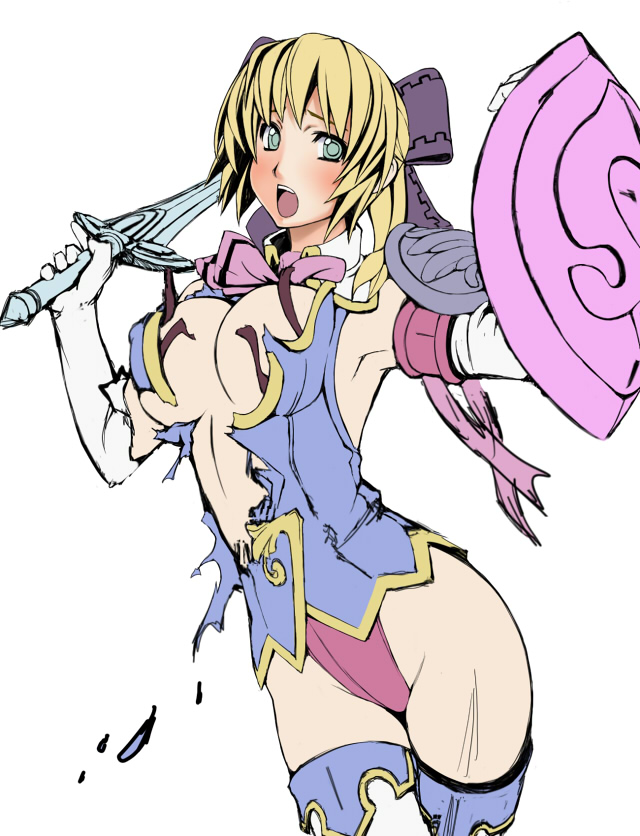 armpits blonde_hair blue_eyes blush boots breasts cassandra_alexandra elbow_gloves gloves large_breasts metadora necktie no_pants pink_neckwear ribbon shield solo soulcalibur soulcalibur_iv sword thigh_boots thighhighs torn_clothes weapon