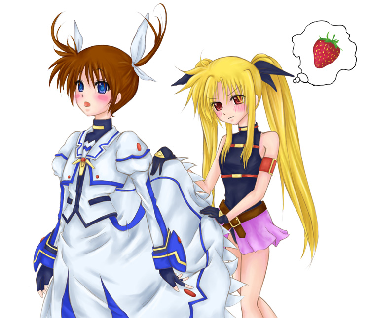 blonde_hair blue_eyes blush brown_hair fate_testarossa fingerless_gloves food fruit gloves hair_ribbon long_hair lyrical_nanoha mahou_shoujo_lyrical_nanoha multiple_girls red_eyes ribbon skirt skirt_lift spoken_food strawberry takamachi_nanoha twintails very_long_hair watercolormark